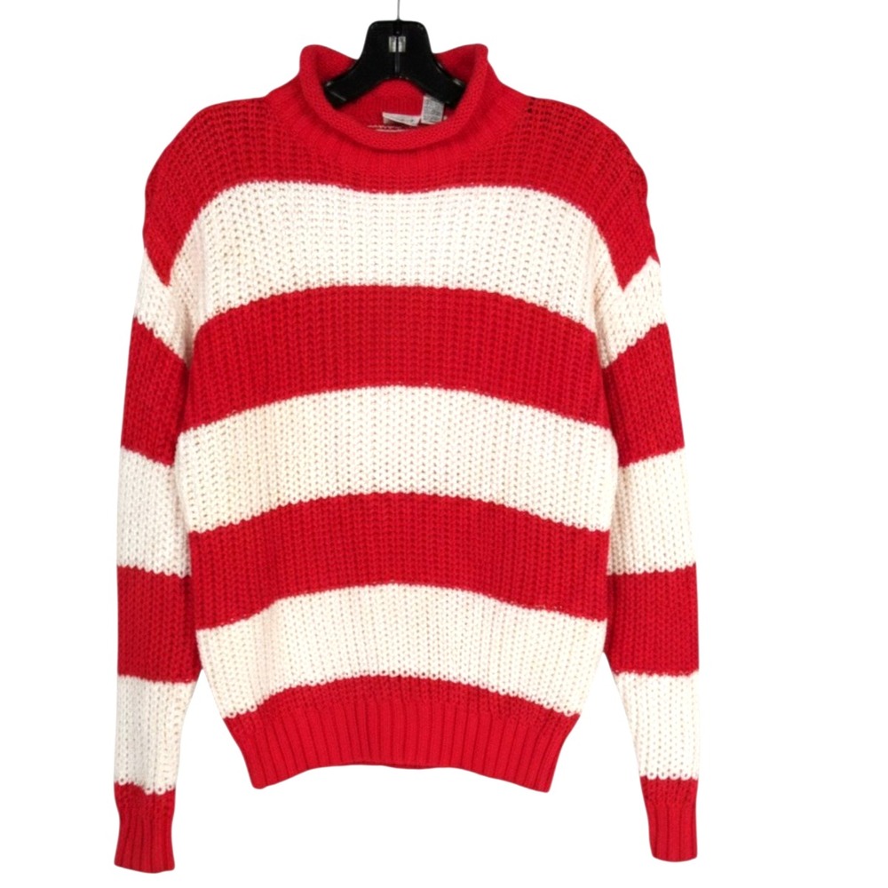 Vtg J. G. Hook Red/White Stripe Rolled MOCK NECK Ribbed Trim Knit SWEATER Sz M